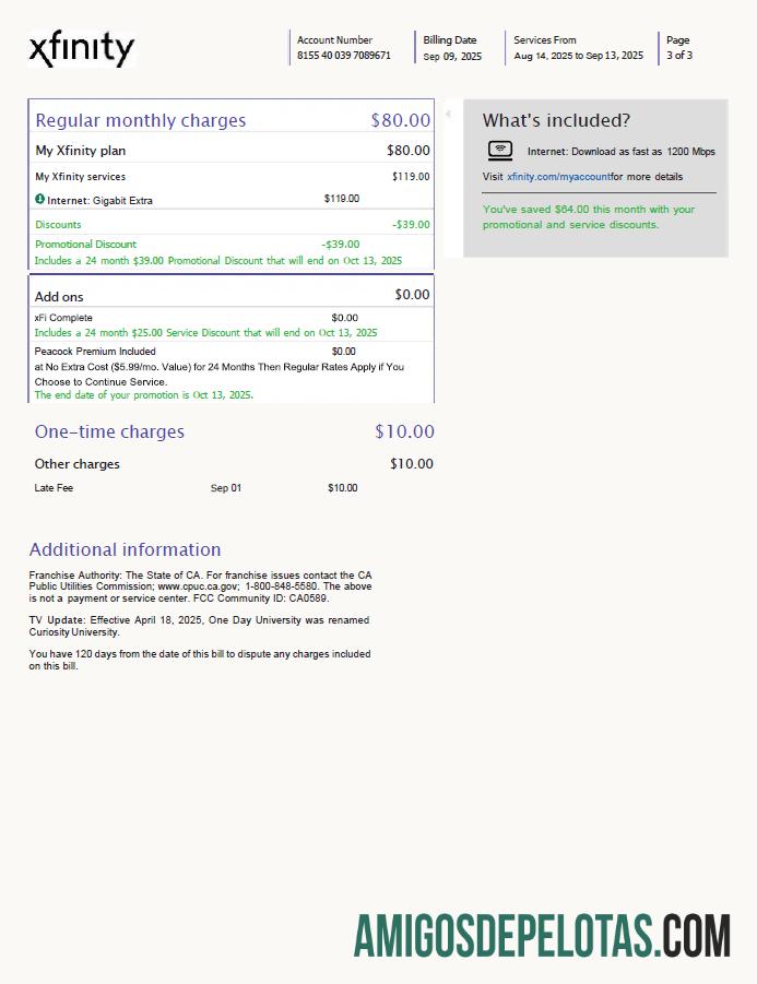 imprimível Modelo de fatura de serviços públicos Xfinity dos EUA em formatos Word e PDF, 3 páginas, versão 3, 3ª página